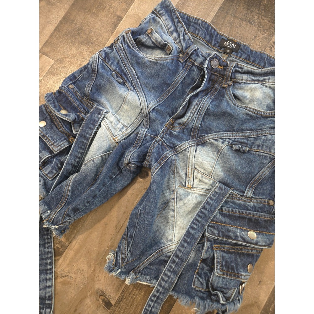 BoohooMAN Mens Distressed Deconstructed Denim Cargo Jorts Paneled Straps Size 28